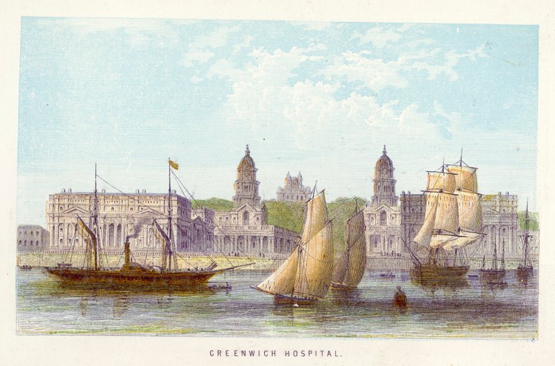 Themsen: Greenwich Hospital (farvet indgravering) af English School
