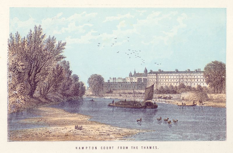 Themsen: Hampton Court fra Themsen (farvet indgravering) af English School