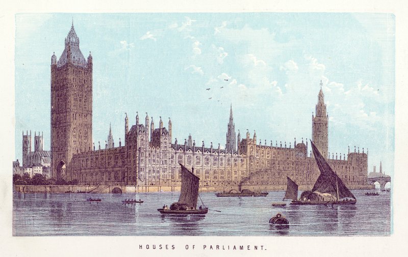 Themsen: Houses of Parliament (farvet gravering) af English School