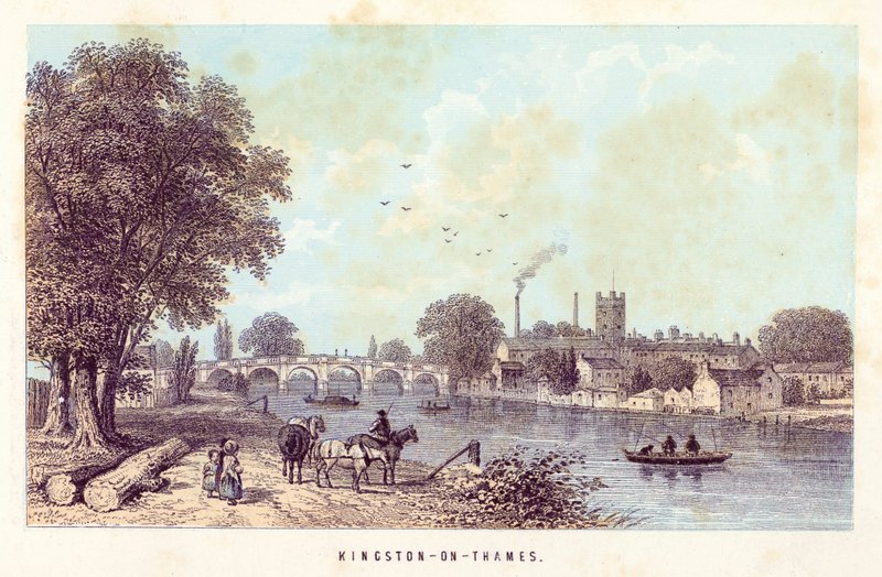Themsen: Kingston-on-Thames (farvet gravering) af English School