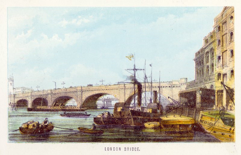 Themsen: London Bridge (farvet gravering) af English School