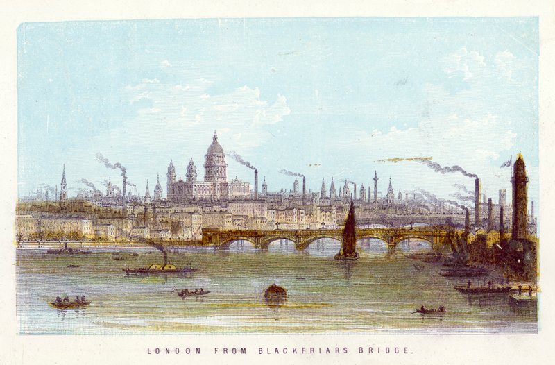 Themsen: London fra Blackfriars Bridge (farvet gravering) af English School