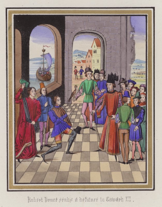 Robert Bruce trodser kong Edward III (farvet gravering) af English School