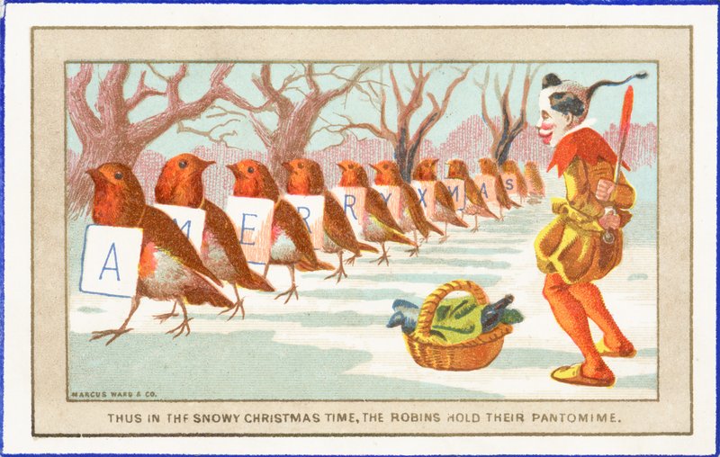Robins og klovn i sneen, julekort af English School