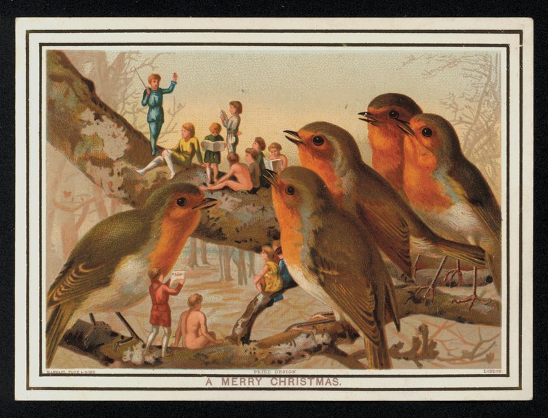 Råger og en gruppe optrædende, julehilsenkort. (chromolitho) af English School