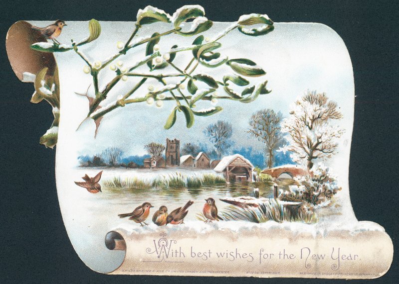 Robins ved siden af flodbredden, nytårskort af English School