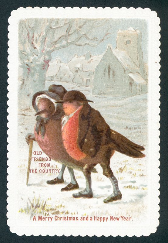 Robins iført tøj, julekort af English School