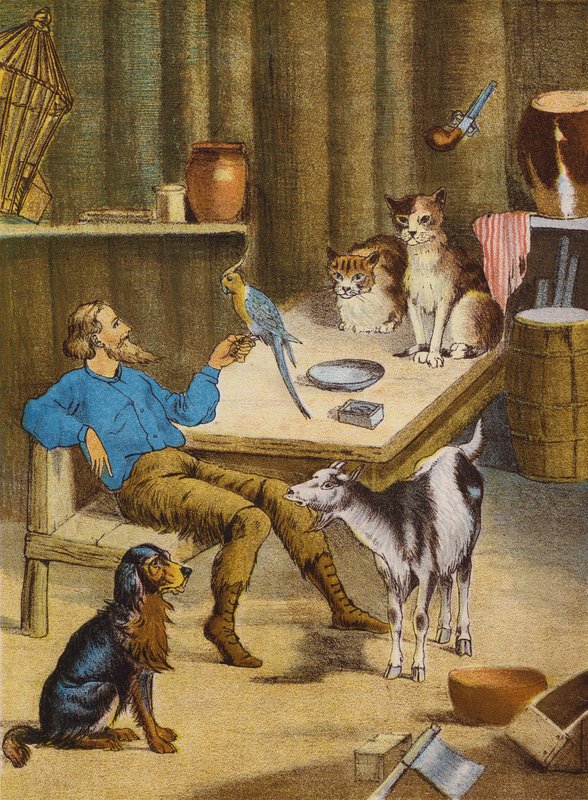 Robinson Crusoe (farvelitografi) af English School