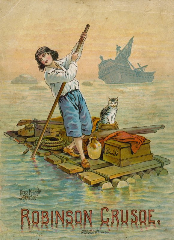 Robinson Crusoe på sin tømmerflåde af English School
