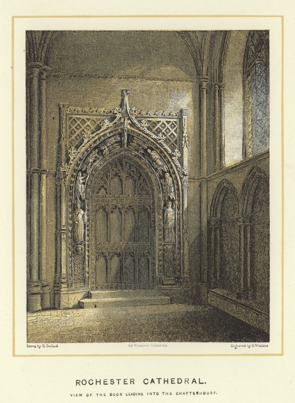 Rochester Cathedral, udsigt over døren, der fører ind til kapitelhuset af English School