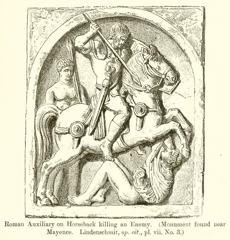 Romersk medhjælper på hesteryg dræber en fjende. (Monument fundet nær Mayence. Lindenschmit, op. cit., vii. No. 3) af English School
