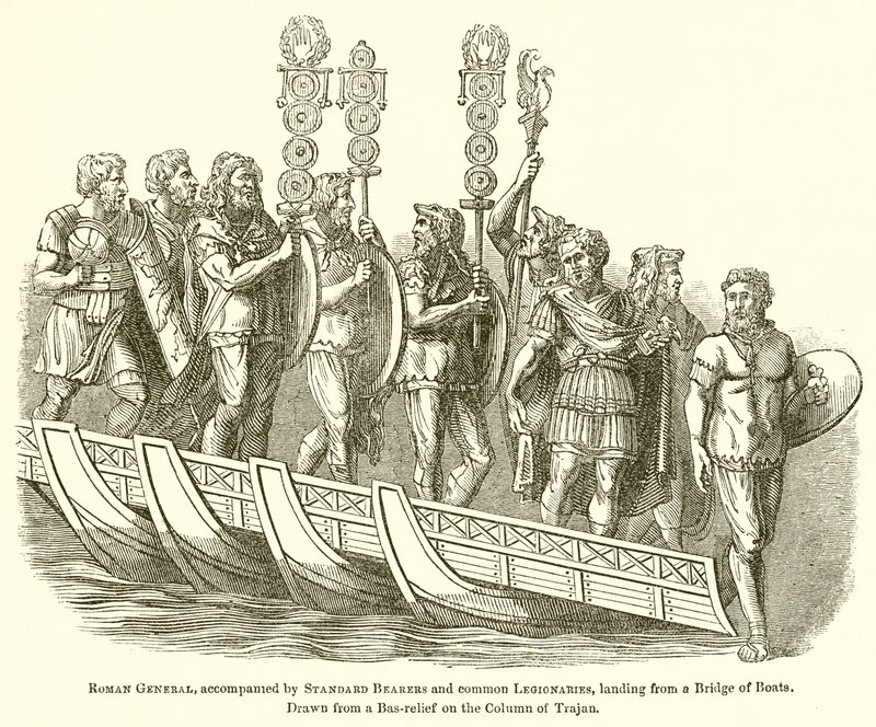 Romersk general, ledsaget af fanebærere og almindelige legionærer, der lander fra en bro af både af English School