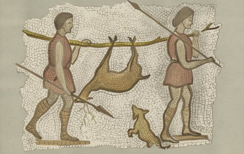 Romersk mosaik, der viser to mænd, der bærer en hjort (farve litho) af English School