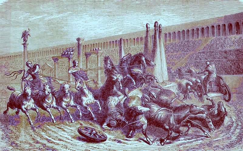 Romerske offentlige spil under imperiet - vognløbet i cirkus, illustration fra The Illustrated History of the World, udgivet ca. 1880 (digitalt forbedret billede) af English School