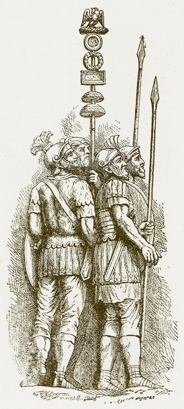 Romerske soldater, illustration til History of England af H. O. Arnold-Forster, udgivet 1897 (digitalt forbedret billede) af English School