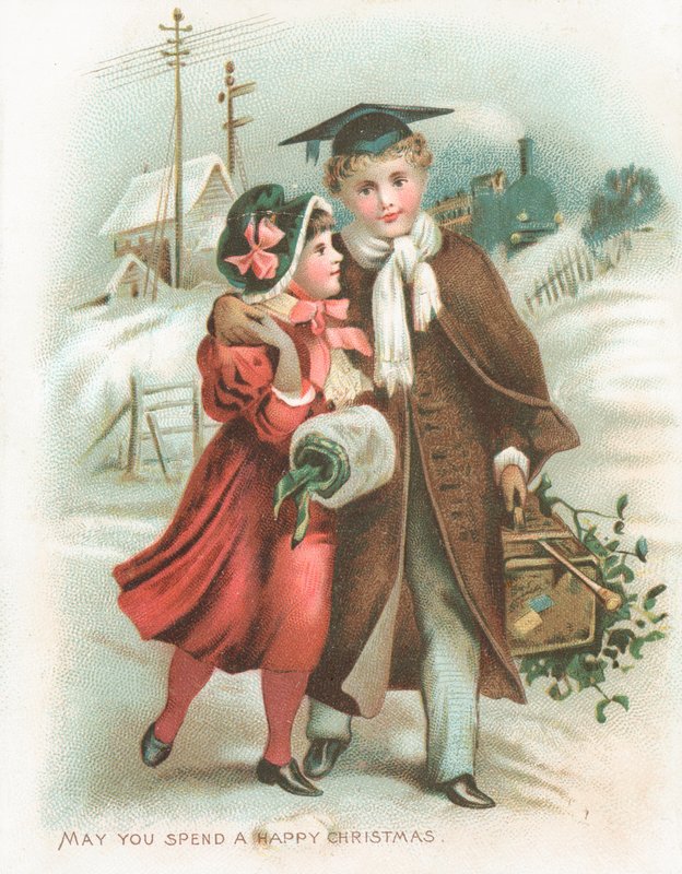 Romantisk par og damptog, julekort af English School