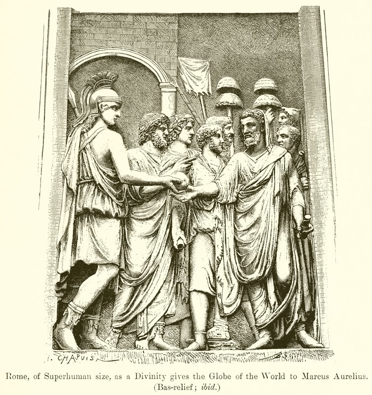 Rom, af overmenneskelig størrelse, giver som en guddommelighed verdenskloden til Marcus Aurelius. (Bas-relief; ibid) af English School