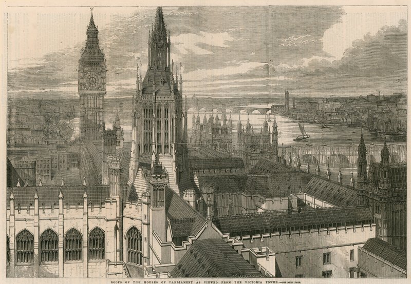Tage på Houses of Parliament set fra Victoria Tower af English School