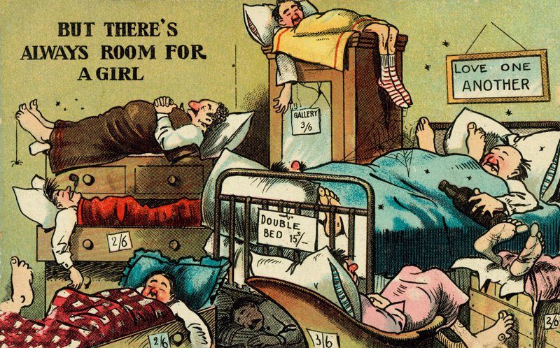 Værelse fuld af mænd, der sover på alle tilgængelige pladser (farve litho) af English School