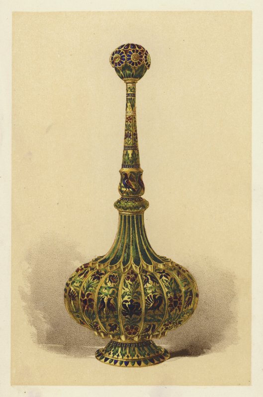 Rosenvandsflaske, eller sprinkler, i forgyldt sølv og emaljeret (chromolitho) af English School