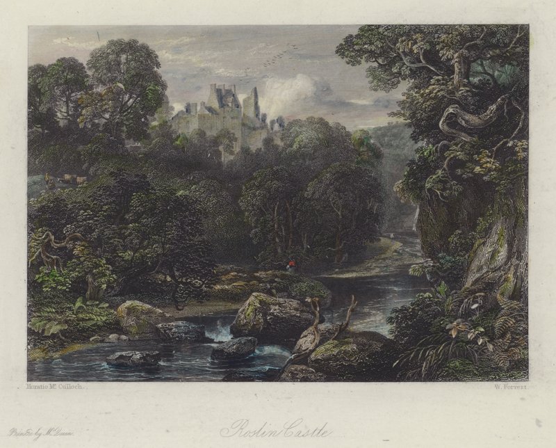 Roslin Castle, Skotland (farvet gravering) af English School