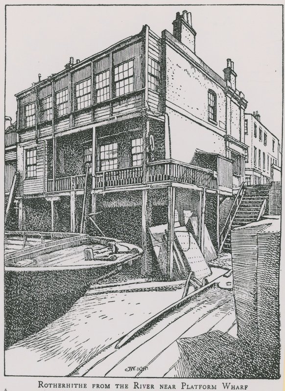 Rotherhithe fra Themsen nær Platform Wharf; Englen af English School