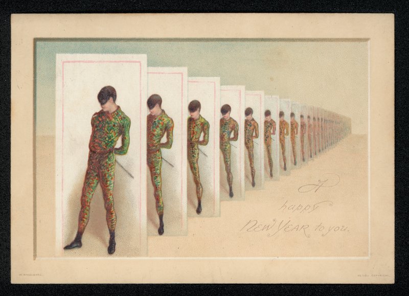 Række af kort med et billede af en maskeret mand, nytårs lykønskningskort (chromolitho) af English School