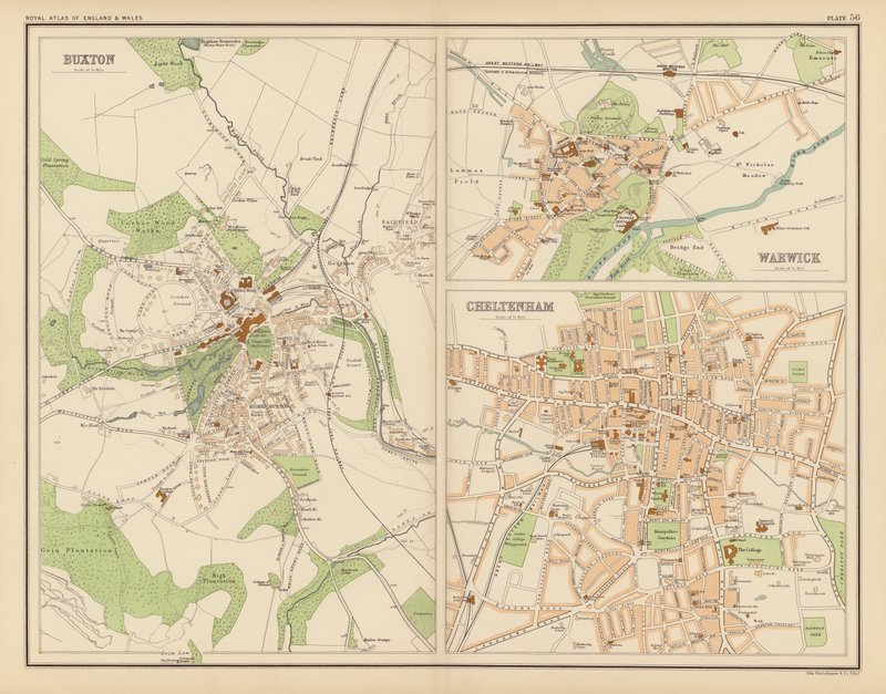 Royal Atlas, c 1900: Buxton; Warwick; Cheltenham (farve litho) af English School