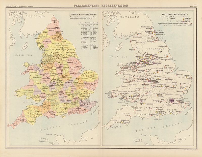 Royal Atlas, ca. 1900: Parlamentarisk repræsentation (farve litho) af English School