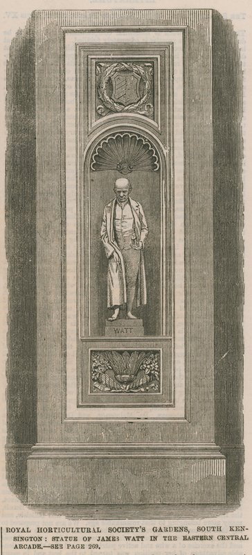 Royal Horticultural Society Gardens, South Kensington: statue af James Watt i den østlige centrale arkade af English School