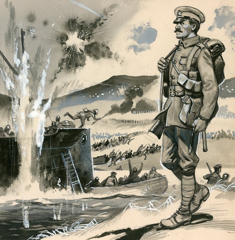 Royal Marines i de amfibiske landinger ved Dardanellerne i 1915 af English School