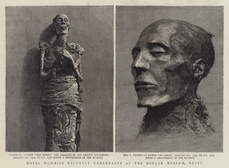 Royal Mummies for nylig unbandaged på Boulak Museum, Egypten (gravering) af English School