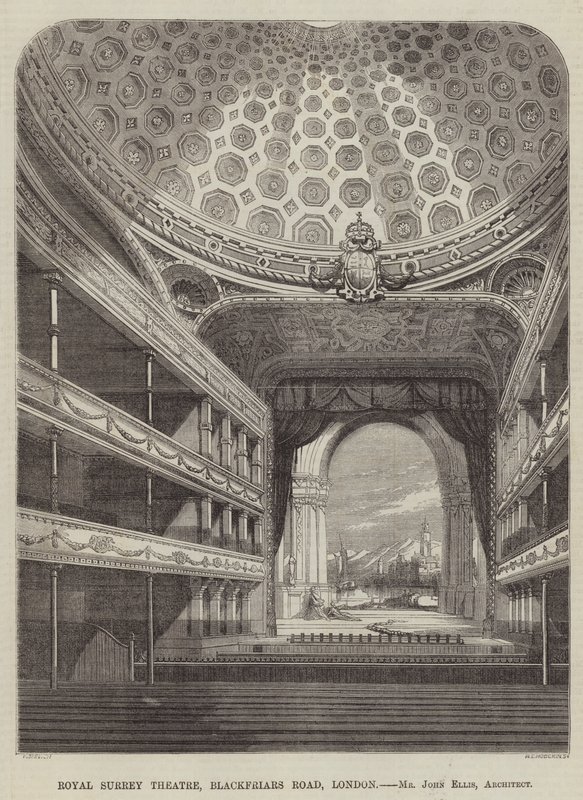 Royal Surrey Theatre, Blackfriars Road, London, Mr. John Ellis, arkitekt (gravering) af English School
