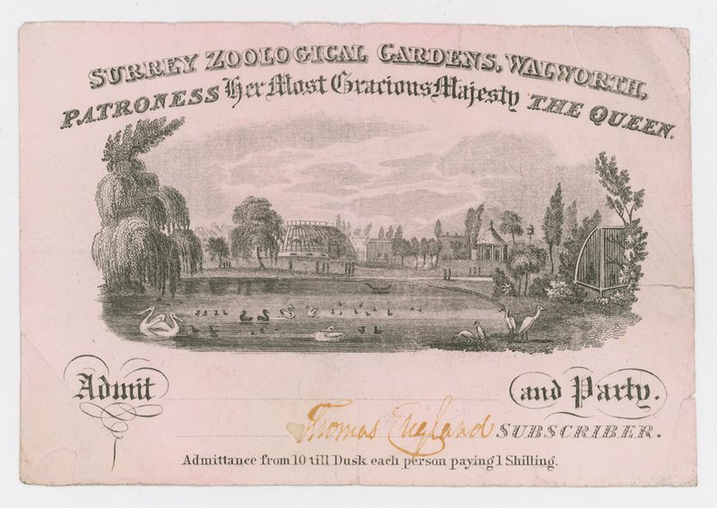 Royal Surrey Zoological Gardens, adgangsbillet af English School