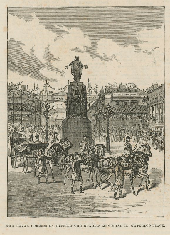 Kongelig procession forbi Guards Memorial i Waterloo Place af English School