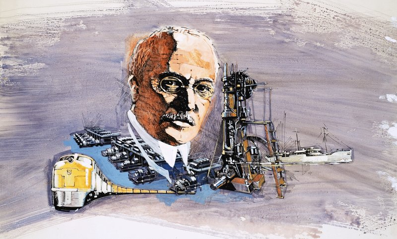 Rudolf Diesel på baggrund af tog, både og kajer af English School