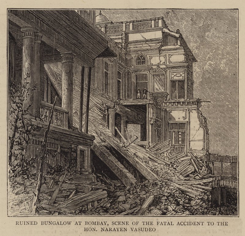 Ødelagt bungalow i Bombay, scene for den fatale ulykke med den ærede Narayen Vasudeo (gravering) af English School