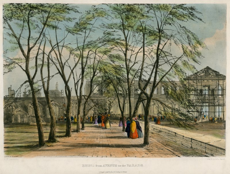 Ruiner fra Avenue on the Parade, Tower of London Fire, 1841 af English School