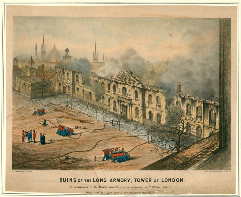 Ruinerne af Long Armory, Tower of London Fire, 1841 af English School