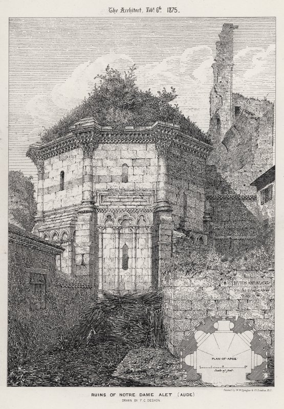 Ruinerne af Notre Dame Alet, Aude (gravering) af English School
