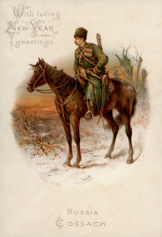 Russisk kosak på hesteryg: Nytårs lykønskningskort (chromolitho) af English School