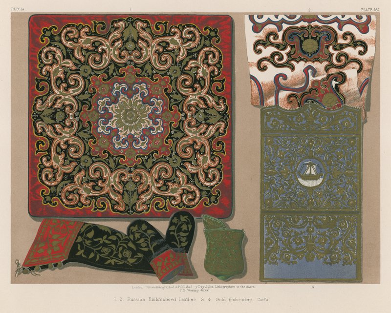 Russisk broderet læder, guldbroderi, Korfu (chromolitho) af English School