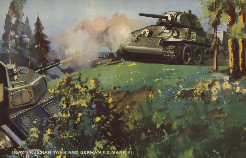 Russisk tung kampvogn og tysk Panzer III, Anden Verdenskrig (farve litho) af English School