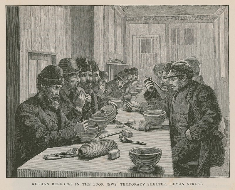 Russiske flygtninge i de fattige jøders midlertidige krisecenter, Leman Street, London af English School