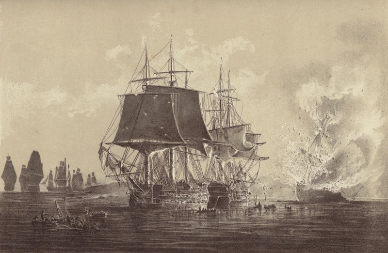 Russisk skib Vsevolod ødelagt i nærværelse af den russiske flåde efter aktionen med HMS Implacable, knyttet til den svenske flåde og kommanderet af kaptajn Thomas Byam Martin, i Østersøen, 26. august 1808 (litho) af English School
