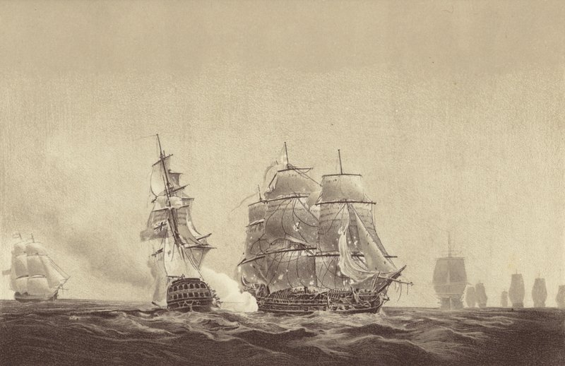 Det russiske skib Vsevolod stryger flaget for HMS Implacable, tilknyttet den svenske flåde og under kommando af kaptajn Thomas Byam Martin, i Østersøen, 26. august 1808 (litografi) af English School