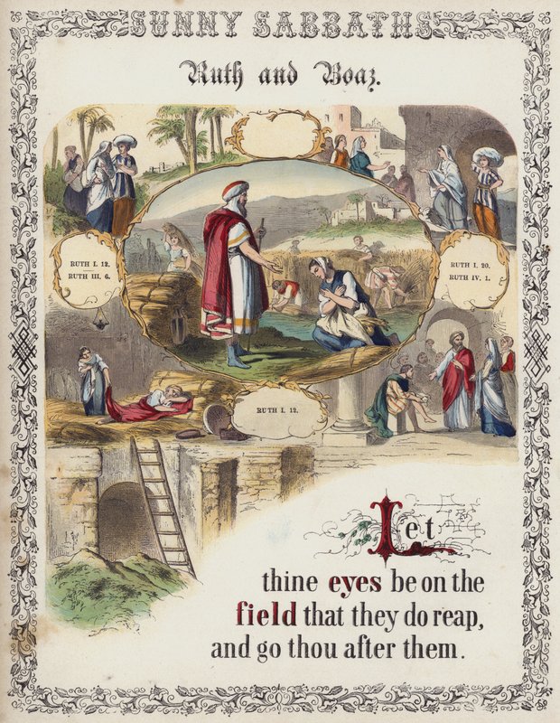 Ruth og Boaz (farvet gravering) af English School
