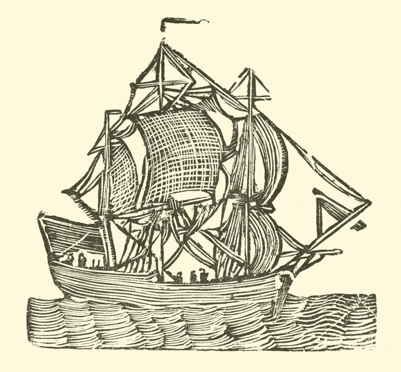 Sejlskib (træsnit) af English School