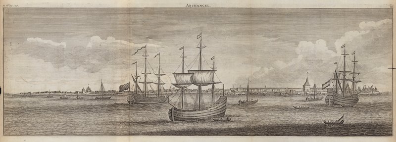 Sejlskibe ud for Archangel, Rusland (kobberstik) af English School