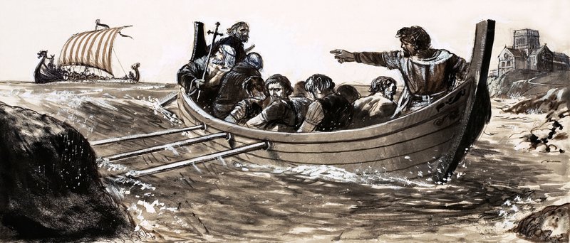 Saint Malo flygter fra plyngende vikinger (gouache på papir) af English School
